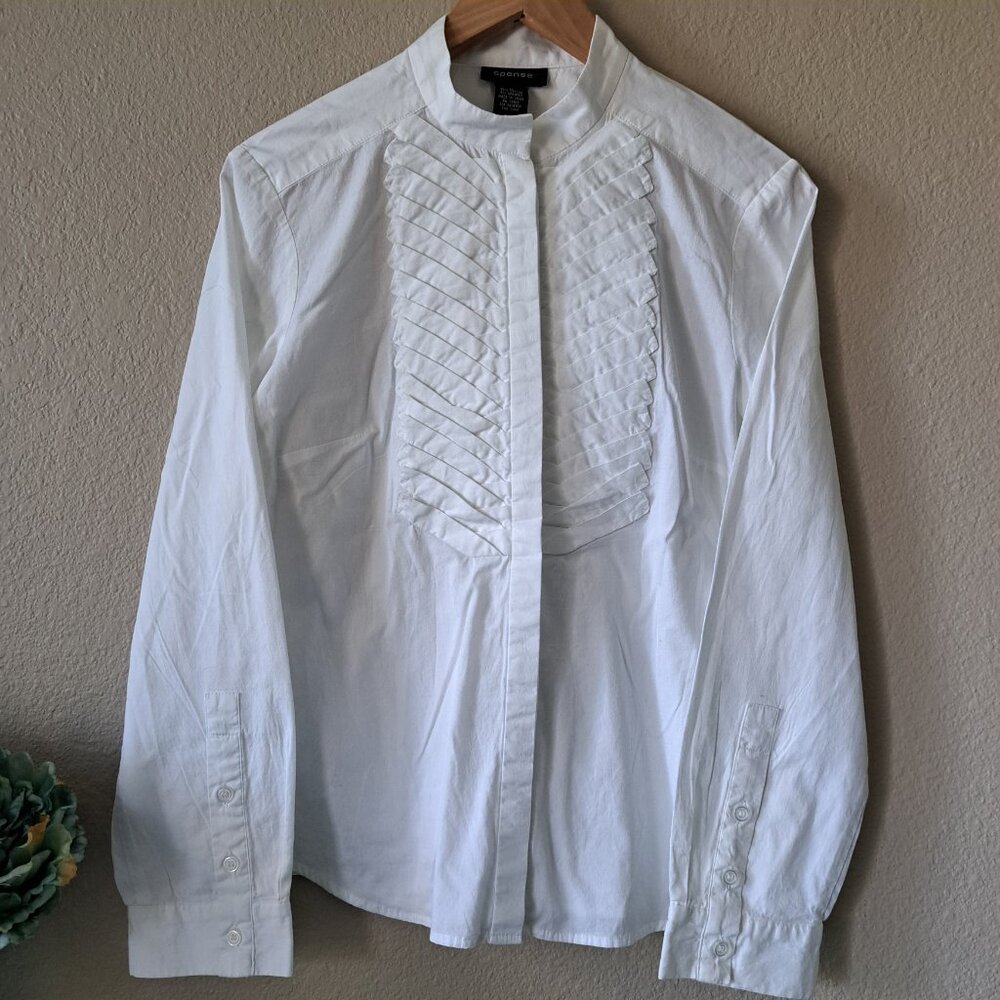 Spense White Button-Up Shirt with Pleated Front in Size Medium